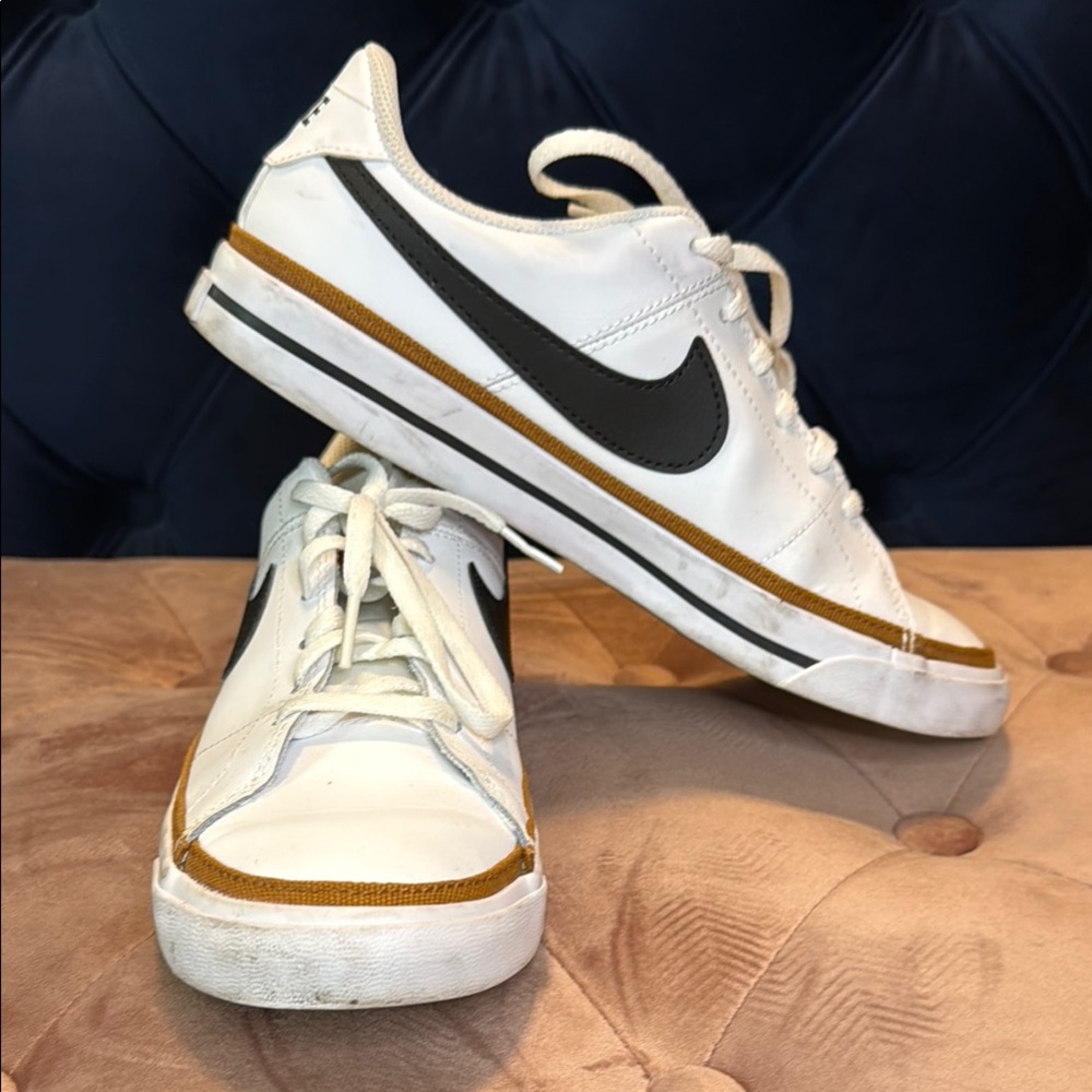 Nike Court Leather Sneakers | White with Black Swoosh & Gold Accent | Size Y7